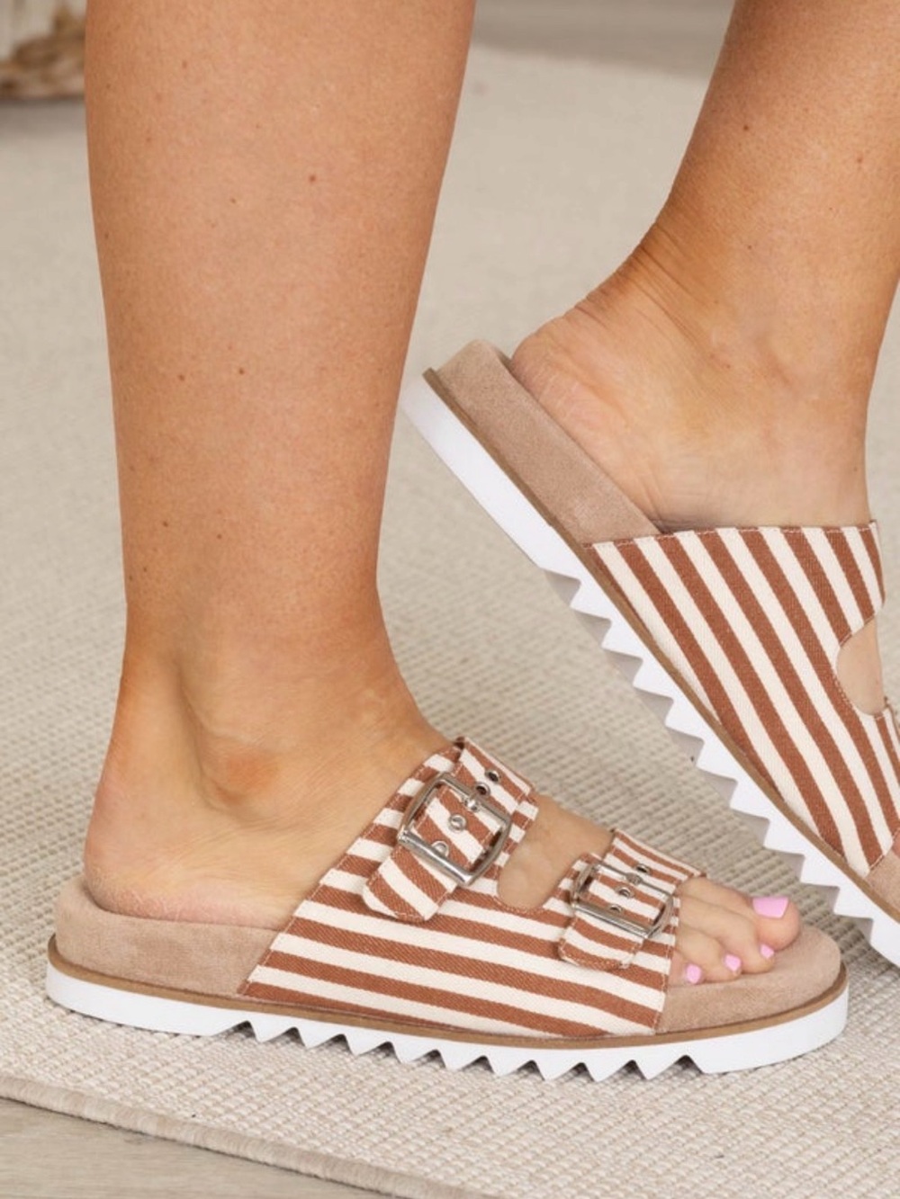 Corky’s Dash Natural Striped Buckle Slide Sandals - Tan & White